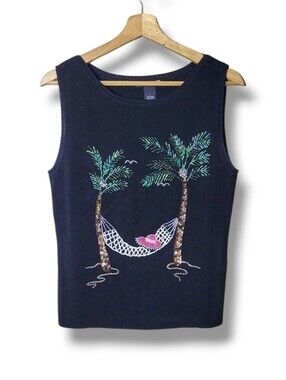 Sweaterworks Vintage Sleeveless Beaded Palm Tree Top Size Large